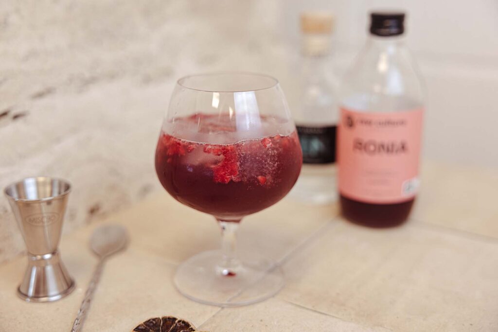 En drink lavet på gin og en Raw Culture Kombucha med smagen Ronia